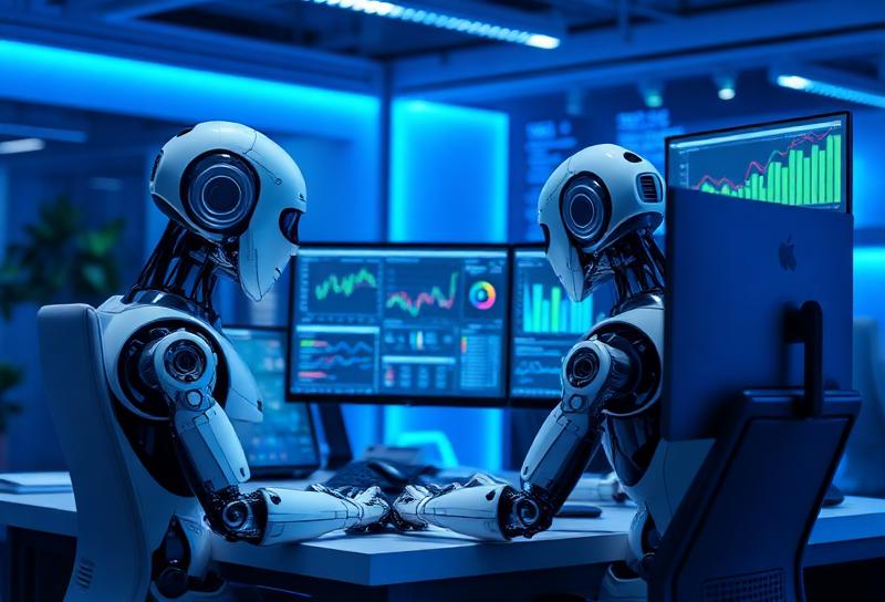 KI-Roboter arbeiten an Computern und analysieren Geschäftsdaten